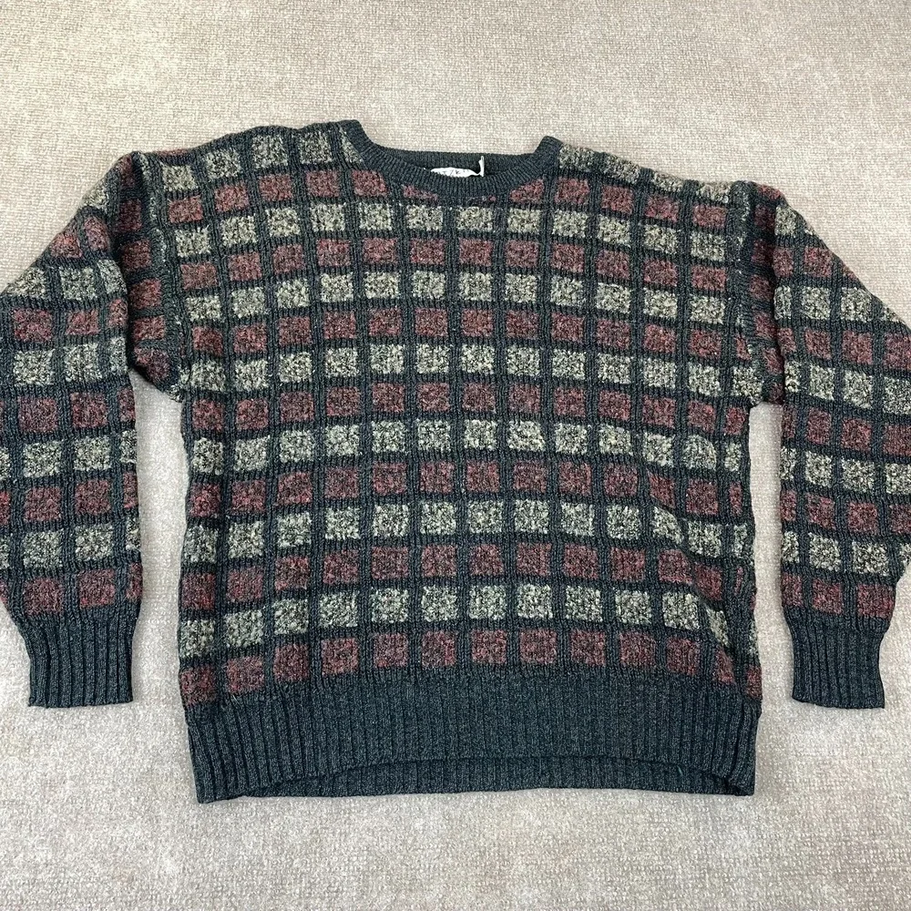 Vintage Jantzen Sweater Mens Large Multicolor Textured Plaid Tight Knit Ribbed